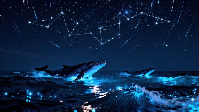 Whales in glowing ocean under starry sky