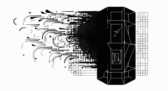 Abstract geometric structure dissolving into organic shapes and lines, representing transformation and decay.
