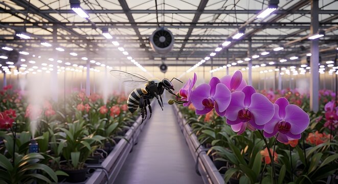A bee pollinates pink orchids in a modern mist filled greenhouse