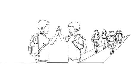 Obraz premium Two boys high five, happy friends walking to school with backpacks, other children in background