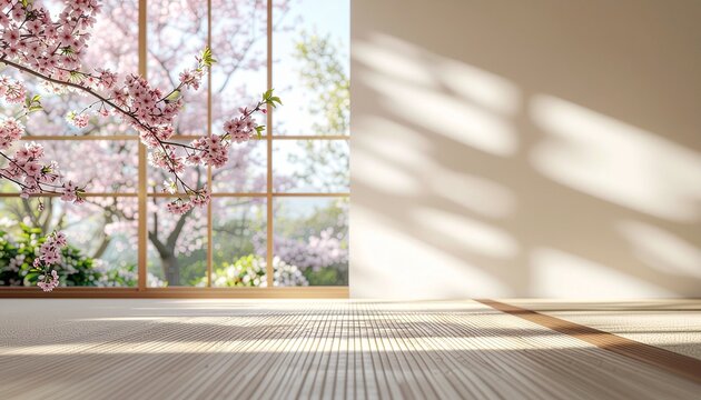 桜を望む和室の窓辺と春のやわらかな自然光の背景素材