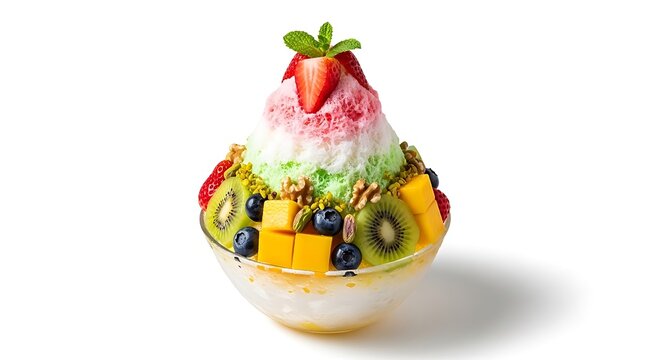 Colorful tropical shaved ice dessert with fresh fruit garnish