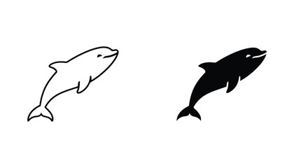Playful dolphin leaping from stylized waves illustrated in clean line art and solid black silhouette © Leo