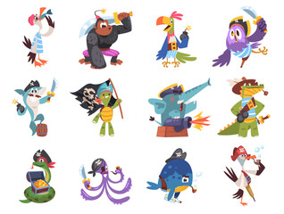 Fototapeta premium Pirate animals. Cartoon animal corsair mascot, elephant captain hat funny monkey sailor cute child pirates costume sea treasure ship adventure characters classy vector illustration