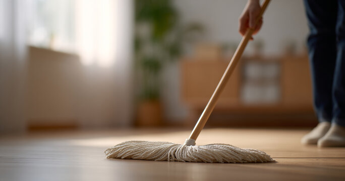 Person mopping wooden floor indoors