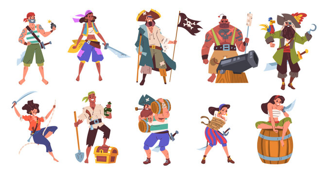 Pirates characters. Caribbean corsair pirate treasure costume captain hook parrot privateer beard man woman sailor piracy ship crew cartoon buccaneer set classy vector illustration