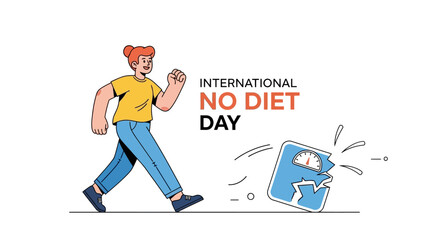 Fototapeta premium A woman confidently walks past a broken scale in this body positivity vector illustration promoting International No Diet Day, set against a clean white background with a message