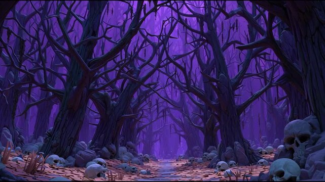 A traveler walks through a dark forest where twisted trees loom and skulls rest on the ground, revealing a haunting mystery.