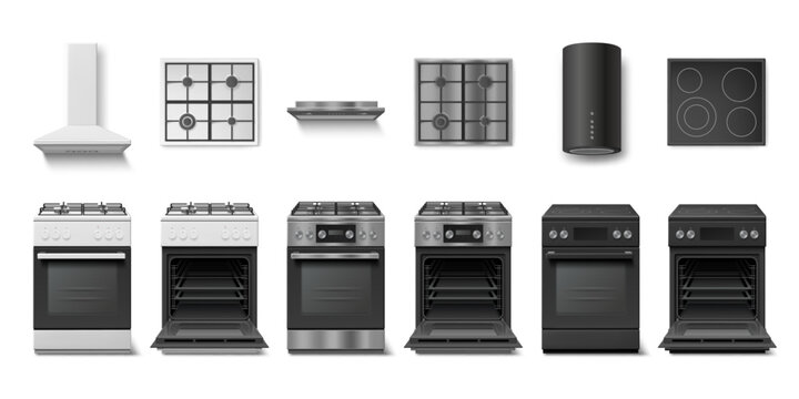 Realistic stove. Kitchen oven cooker gas electric hob, stainless modern grill burner open door cook top view cooking hood home appliance 3d isolated set garish vector illustration