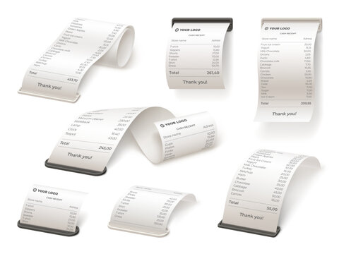 Purchase receipt slot. Realistic paper bill from pos terminal slots, atm check slip ticket tax order payment cash pay restaurant pos print 3d cheque set garish vector illustration