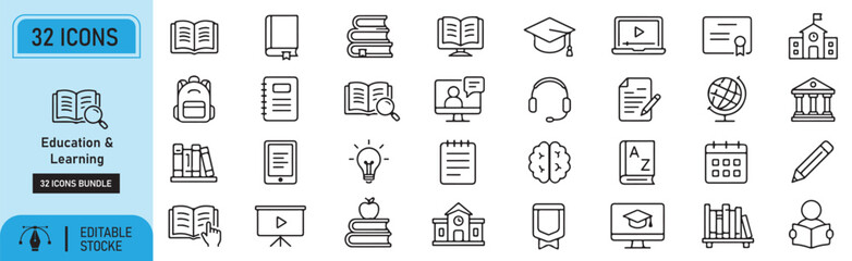 Set of 32 books, online course, school, knowledge icons Each icon will be different, create a vector outline icons using white background and black color © JibonRoy