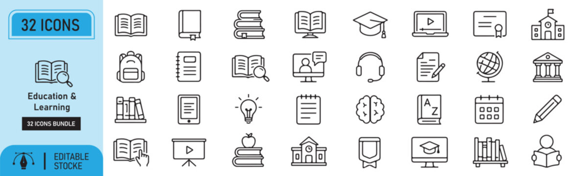 Set of 32 books, online course, school, knowledge icons Each icon will be different, create a vector outline icons using white background and black color