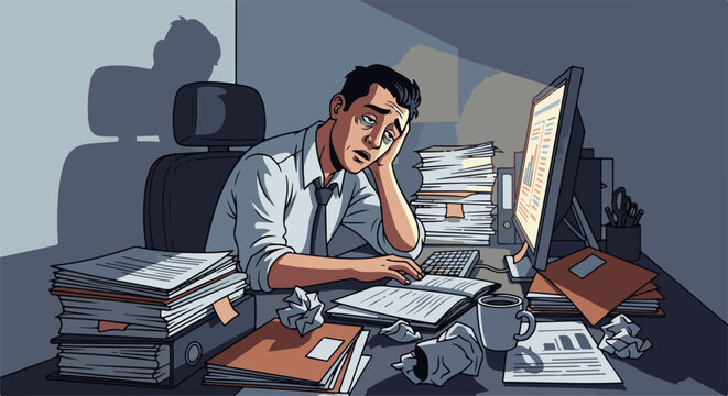 Exhausted employee overwhelmed by piles of paperwork and a glowing computer screen