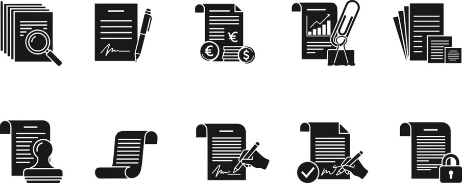 Collection of ten black silhouette vector icons of documents showing signing, approval, finance, security, and analysis for office graphics