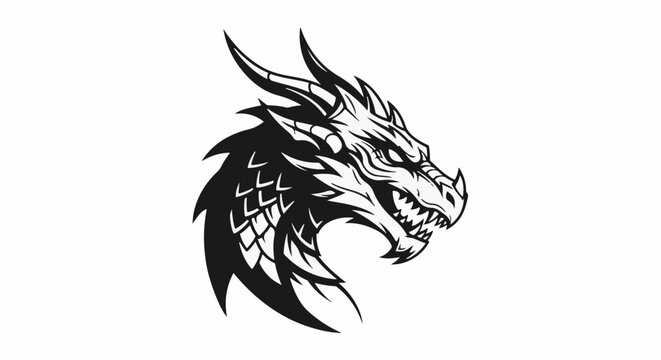 Fierce black and white dragon head with sharp teeth and horns, profile view