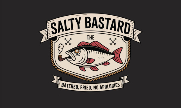 Vintage salty bastard fish logo badge with battered fried no apologies text on dark background