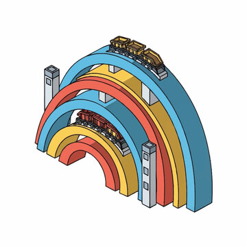 Abstract isometric illustration of a colorful roller coaster ride with trains on tracks forming arcs and towers.