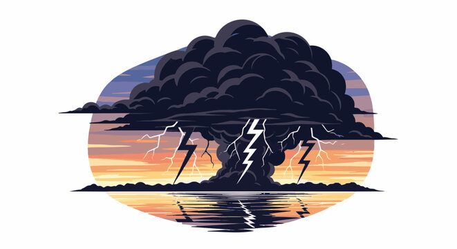 Dramatic pixel art of a storm with lightning strikes over water at sunset
