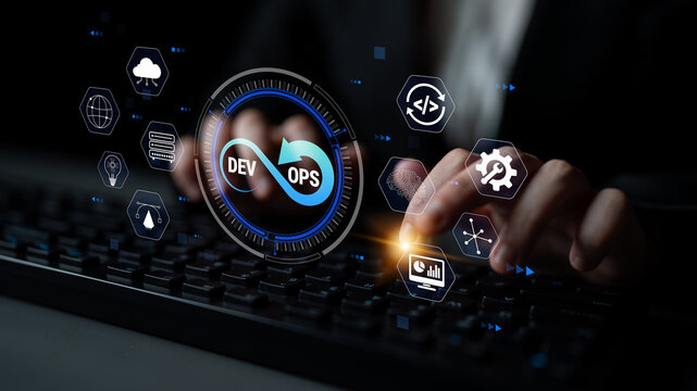 Hands typing on a keyboard with digital icons representing DevOps, cloud computing, software development, automation, and technology integration concepts. Quark.