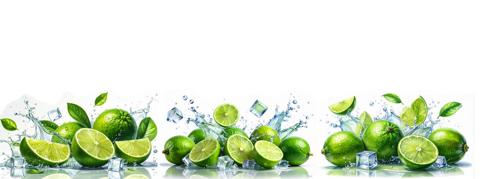 Exploding water splash with green limes mint and ice cubes banner