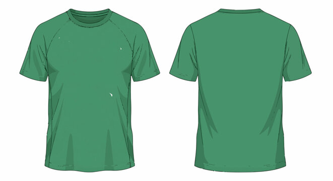 Front and back view of a plain green short-sleeved t-shirt with raglan sleeves on a white background