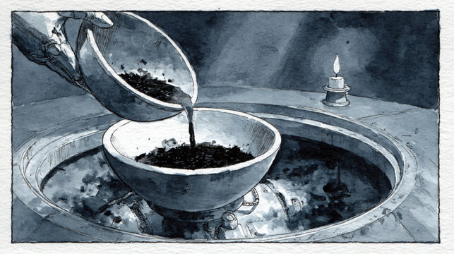 Dark Ritual Ink Offering Poured into Stone Ceremonial Bowl by Candlelight
