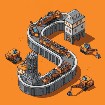 Industrial mining process illustrated with trains and excavators forming the letter S.