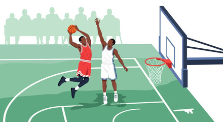 Basketball players competing for a slam dunk on court with spectators watching. © Kartin