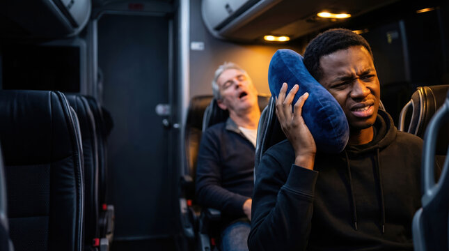 African american man disturbed by snoring caucasian man on bus. Passenger holding pillow to ear to block loud noise from sleeping traveler. Public transportation travel annoyance.