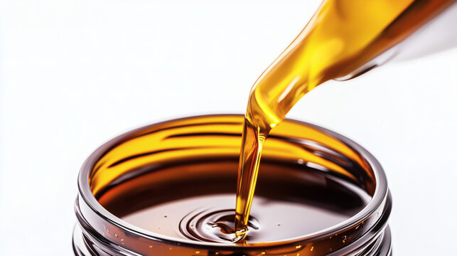 Golden liquid pouring into a jar.