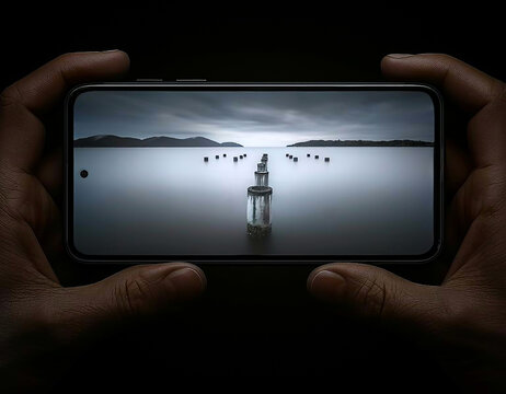 Personal perspective of a man holding a mobile phone with a photo of wooden pilings in a moody Seascape