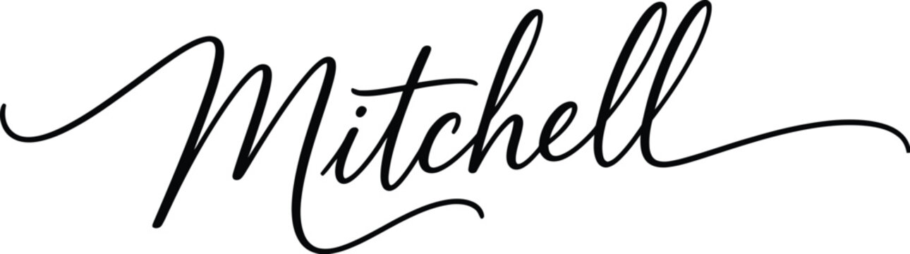 elegant black calligraphy signature mitchell on white background for branding