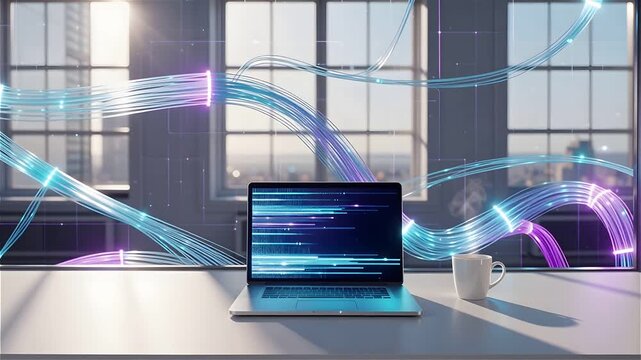 Minimalist modern workspace desk with laptop and coffee cup soft natural light loop animation clean aesthetic for business productivity background