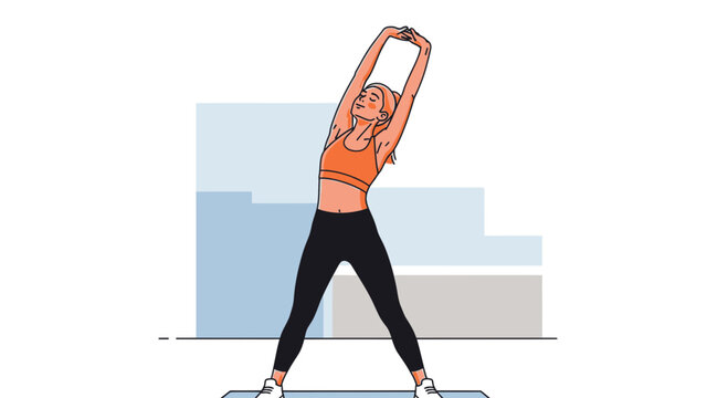 Woman stretching arms overhead, fitness, workout, healthy lifestyle, active, exercise, yoga, illustration