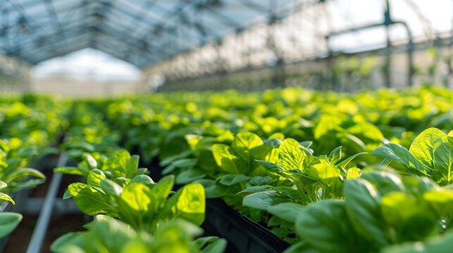 Lush hydroponic basil plants growing in a modern greenhouse with bright natural light and clean copy space