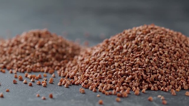 Pile of organic buckwheat on a dark stone table. Heap of buckwheat on a dark stone table. Organic buckwheat.