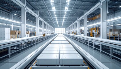 Fototapeta premium Modern Automated Factory Production Line with Conveyor Belts and Natural Light.