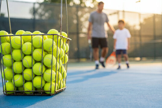 Basket cart with tennis balls on tennis court. Boy and his coach on the background.