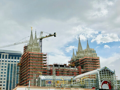 Construction crane and scaffolding at the Temple of The Church of Jesus Christ of Latter-Day Saints, Salt Lake City, Utah, USA