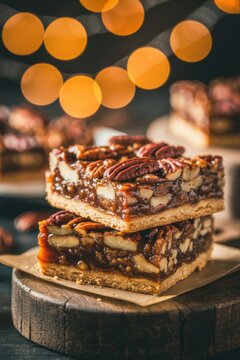 Pecan caramel bars with nut filling on shortbread crust stacked on wooden board festive dessert with warm bokeh lights