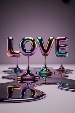 Colorful glossy love word letters with liquid reflection on soft background romantic typography design