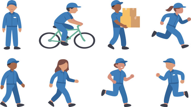 Delivery worker characters in blue uniform cycling running walking and carrying package box set