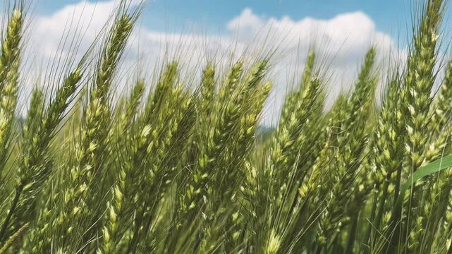 green wheat field in a windy day