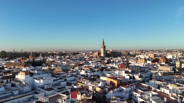 Aerial Forward Shot Approaching Giralda Tower at Sunrise