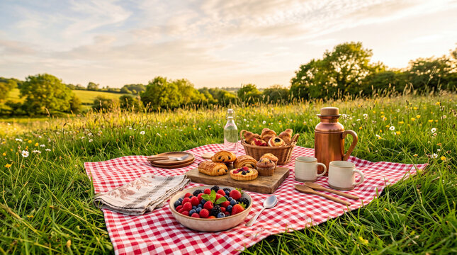 Picnic spread on checkered blanket in sunny meadow, golden hour