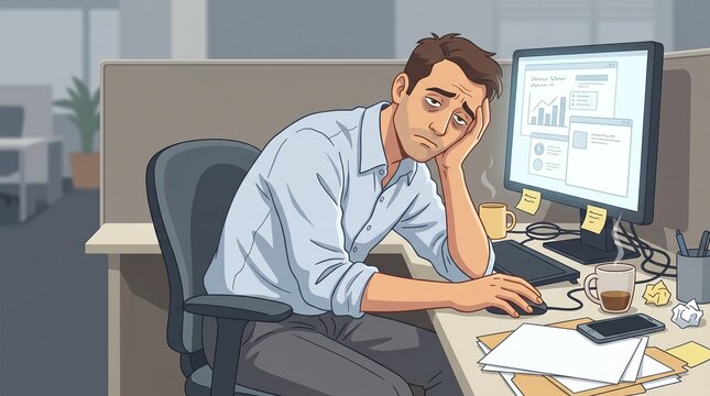 Tired office worker feeling stress at computer office desk - burnout overwork dan dealine pressure concept made by AI generative