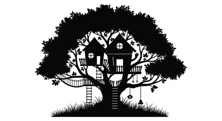 Treehouse in a tree with rope bridge and swings black silhouette high quality professional detailed modern © rabbivay