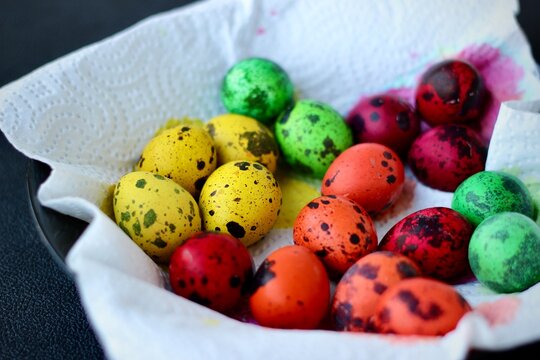 Close-up of assorted dyed quail eggs on a paper towel at Easter