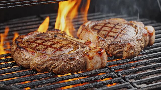Steaks Grilling on Open Flame ideal for restaurant branding and gastronomy vlogs