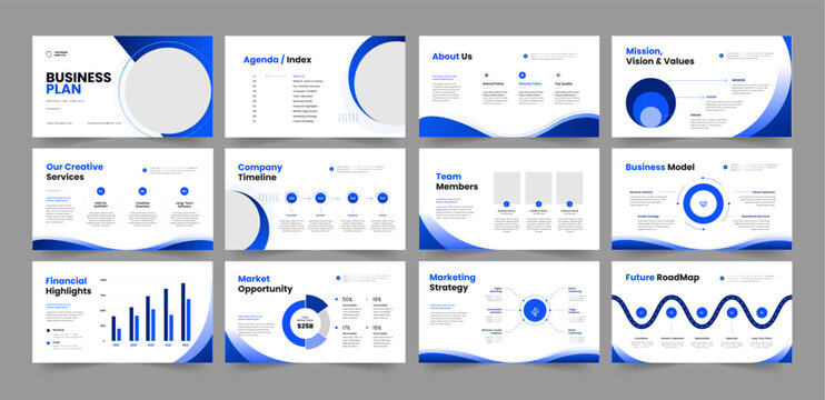 Business Plan Presentation Template, startup Pitch Deck Template, Minimal Business Plan Slides Layout.